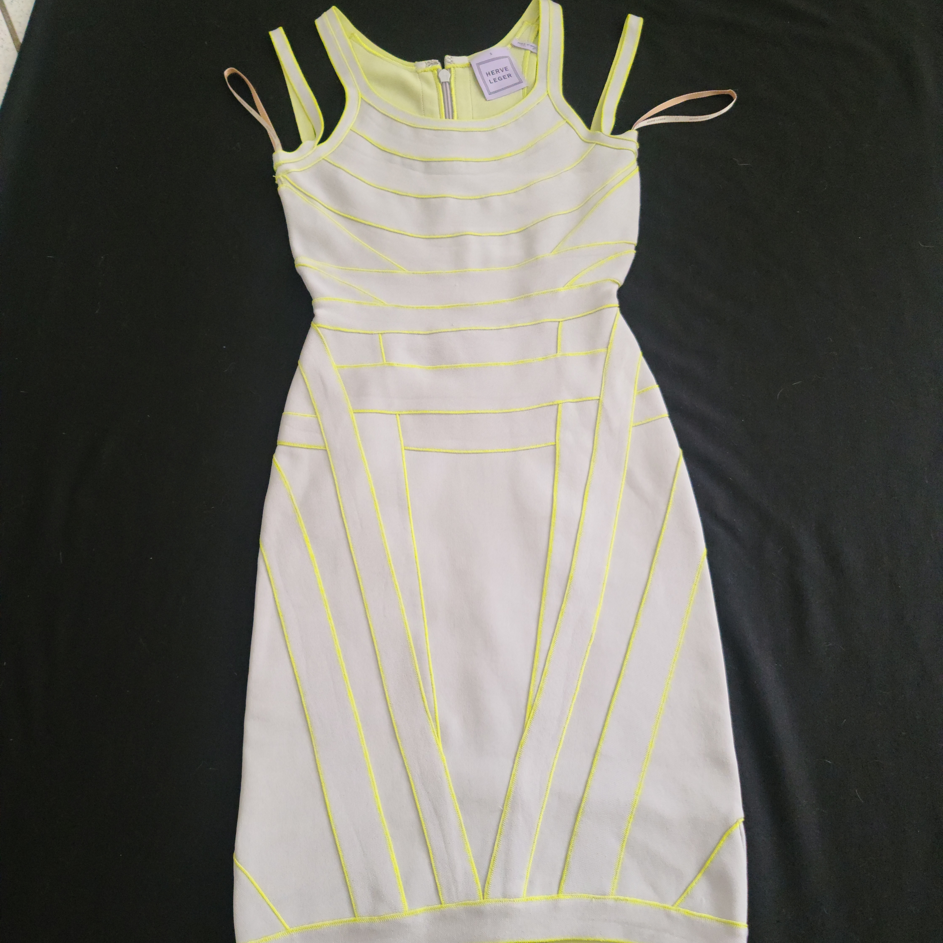 Herve Leger White Mini Dress With Neon Yellow Piping